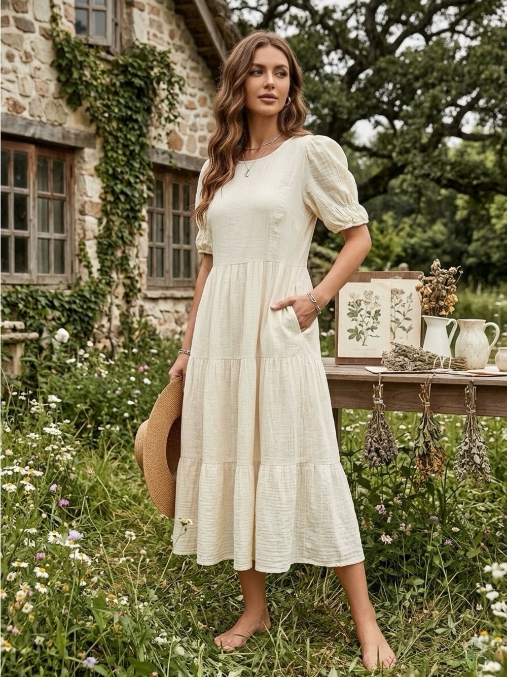 Listicle Cream Cotton Crinkle Tiered Boho Midi Dress Puff Sleeve Small Pockets
